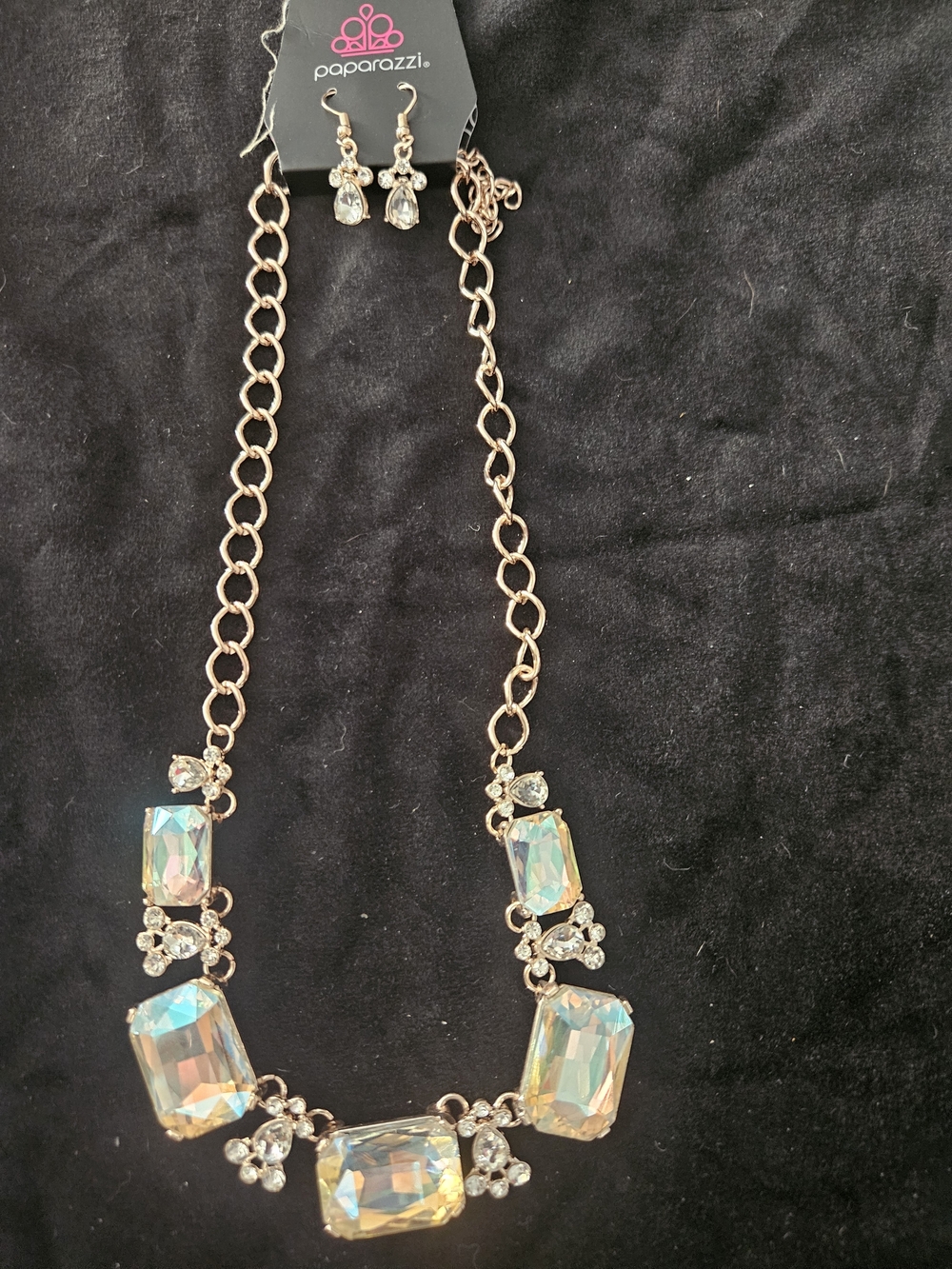 paparazzi Iridescent Gold-Tone Crystal Statement Necklace and Earring Set